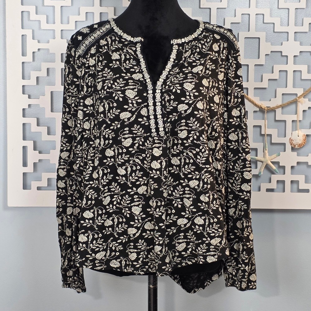 Lucky Brand Womens Large Black White Floral Embroidered Peasant Blouse boho